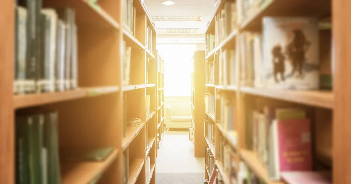 Bookshelves in a library