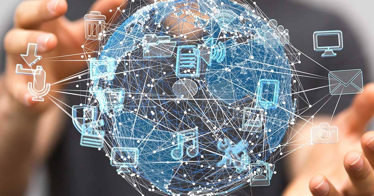 Cyber world held by hands
