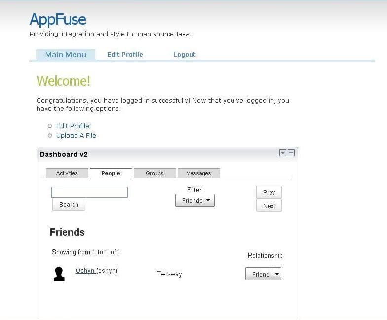 AppFuse Dashboard Friends